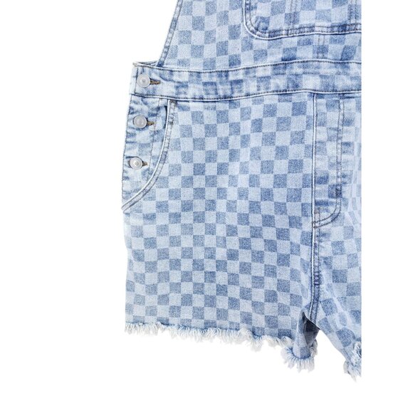 No Boundaries Juniors XXL Checkered Denim Shortalls Frayed Hem Blue Overalls - Picture 3 of 7